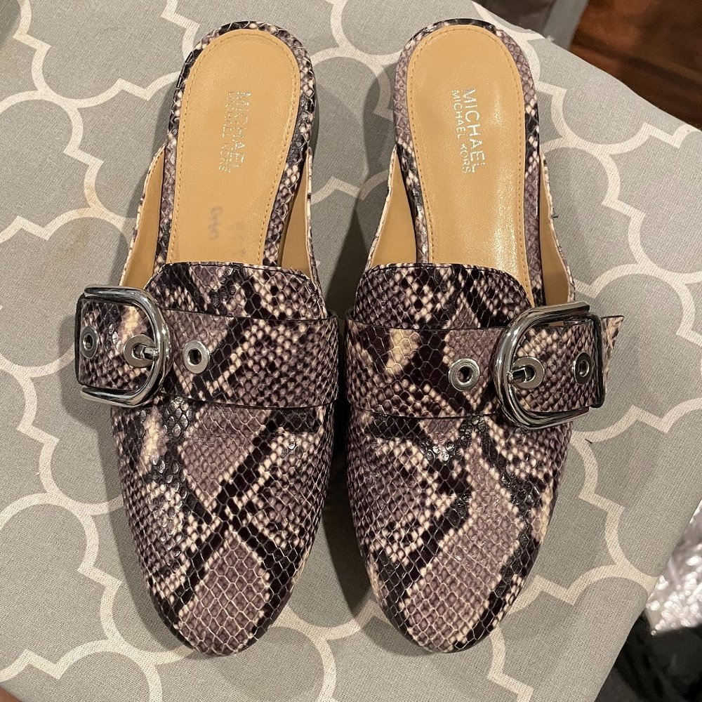Michael Kors Cooper Snake Embossed Leather Slide Sandals Flats Mules